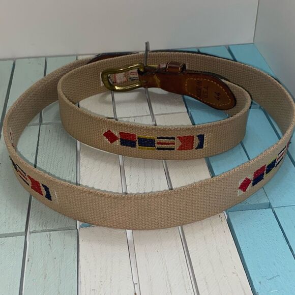 Zeppelin Canvas Leather Belt Nautical Flag Embroidered Brass Buckle Sz 44 USA - Picture 3 of 7